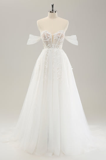 Vestido de novia de corsé de tul de tren de barrido de hombros de princesa con apliques